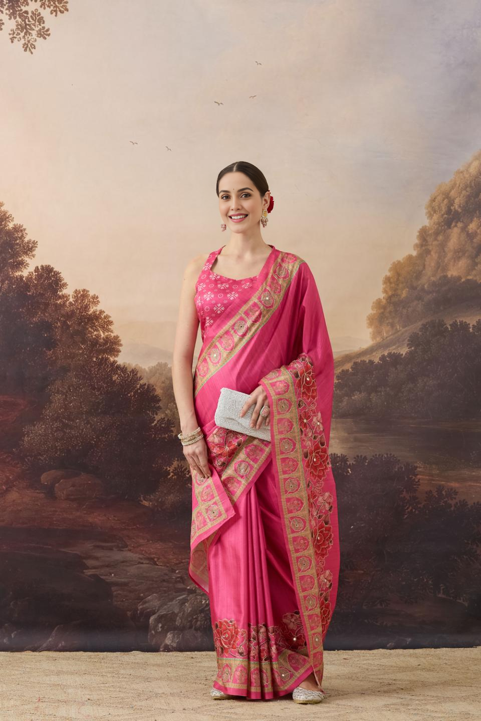 Red Floral Embroidered Art Silk Ready to Wear Saree