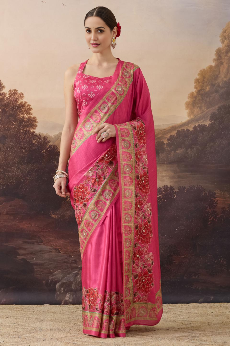 Red Floral Embroidered Art Silk Ready to Wear Saree