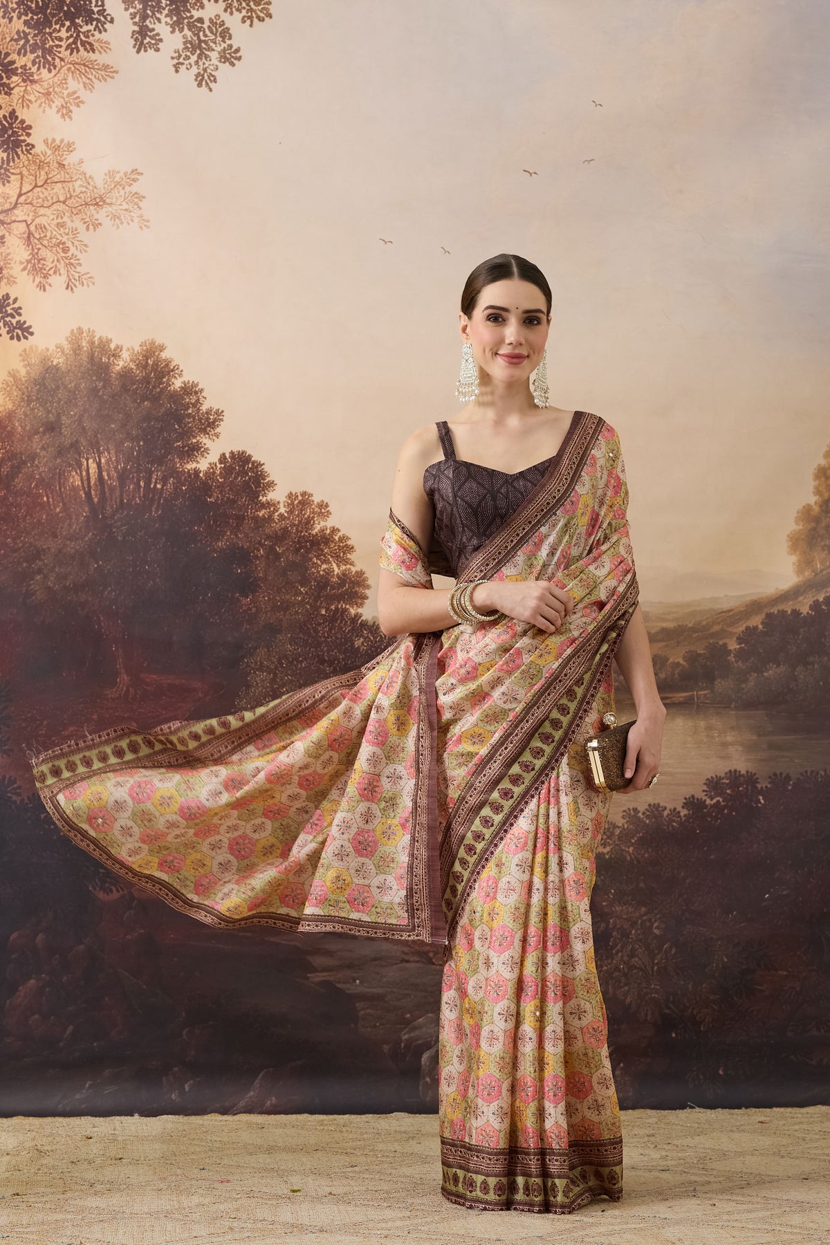 Cream Floral Embroidered Art Silk Ready to Wear Saree