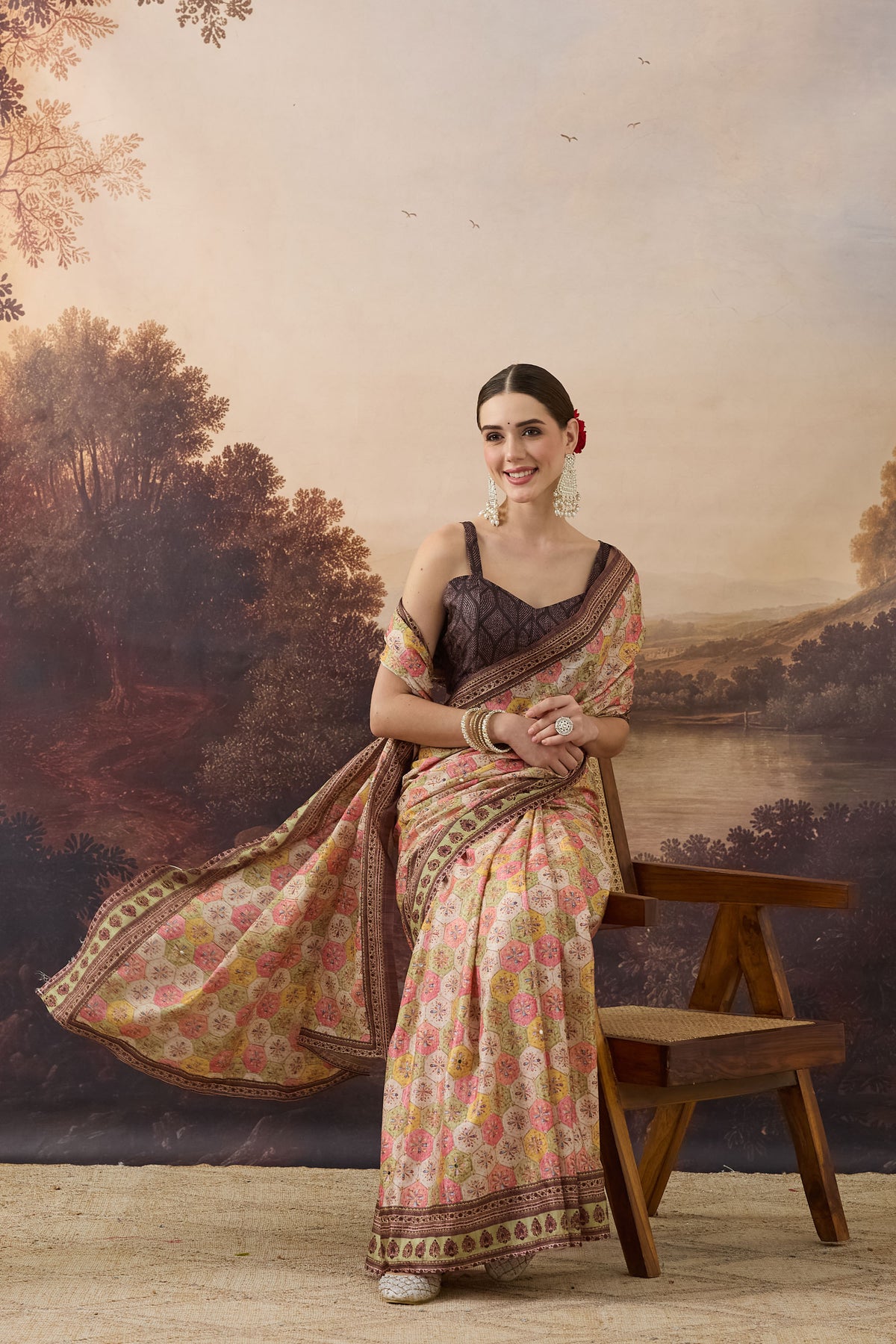 Cream Floral Embroidered Art Silk Ready to Wear Saree