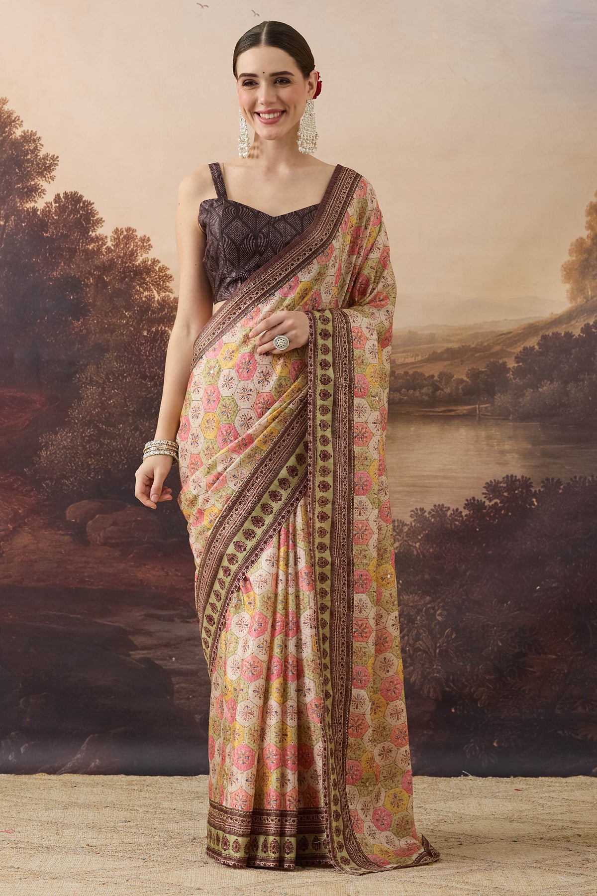 Cream Floral Embroidered Art Silk Ready to Wear Saree