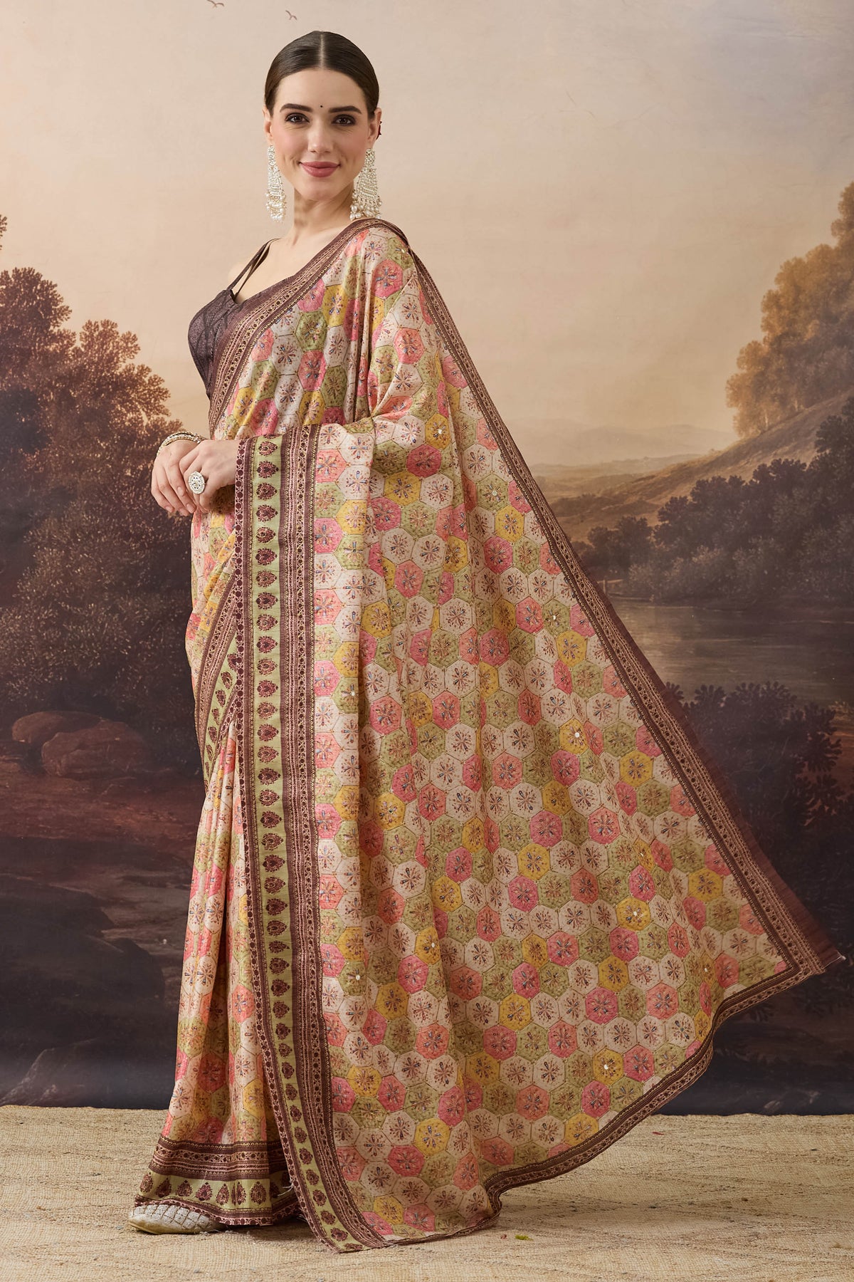 Cream Floral Embroidered Art Silk Ready to Wear Saree