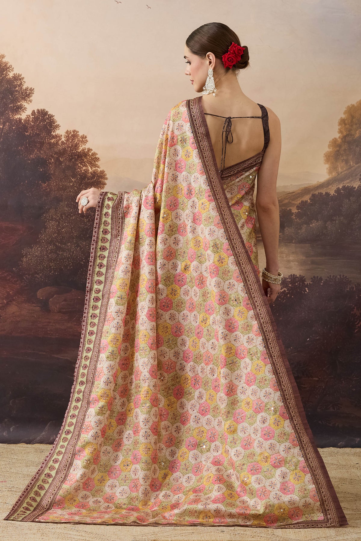 Cream Floral Embroidered Art Silk Ready to Wear Saree