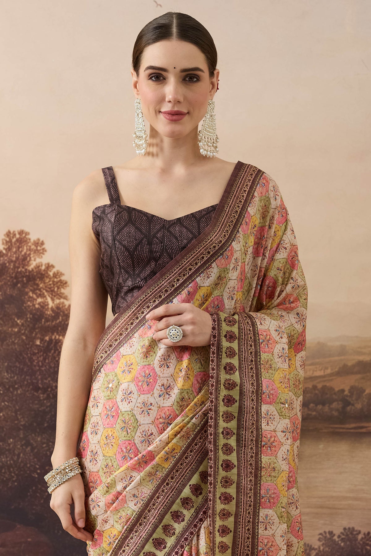 Cream Floral Embroidered Art Silk Ready to Wear Saree