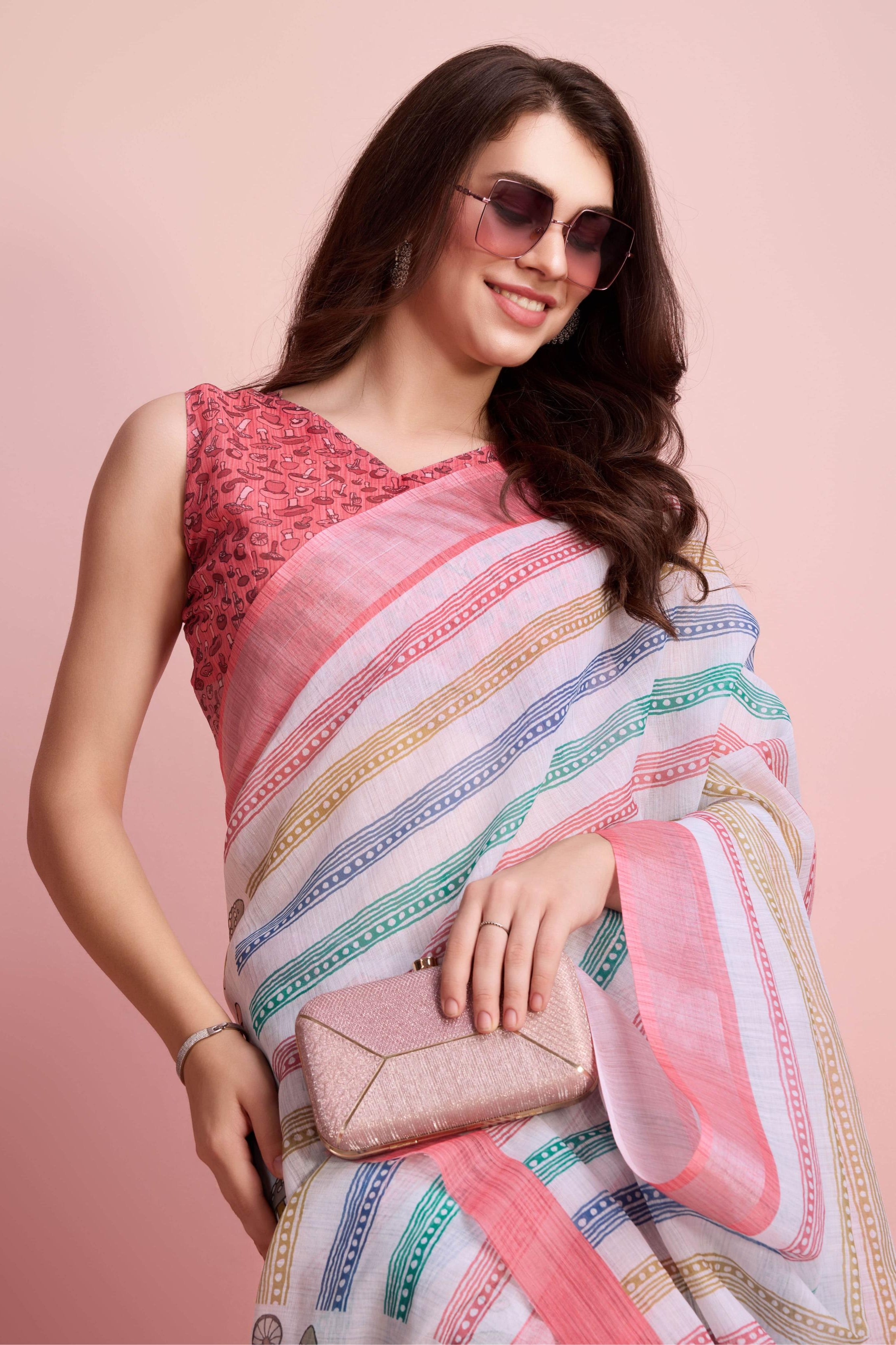 RACHNA Striped Fusion Ready to Wear Saree