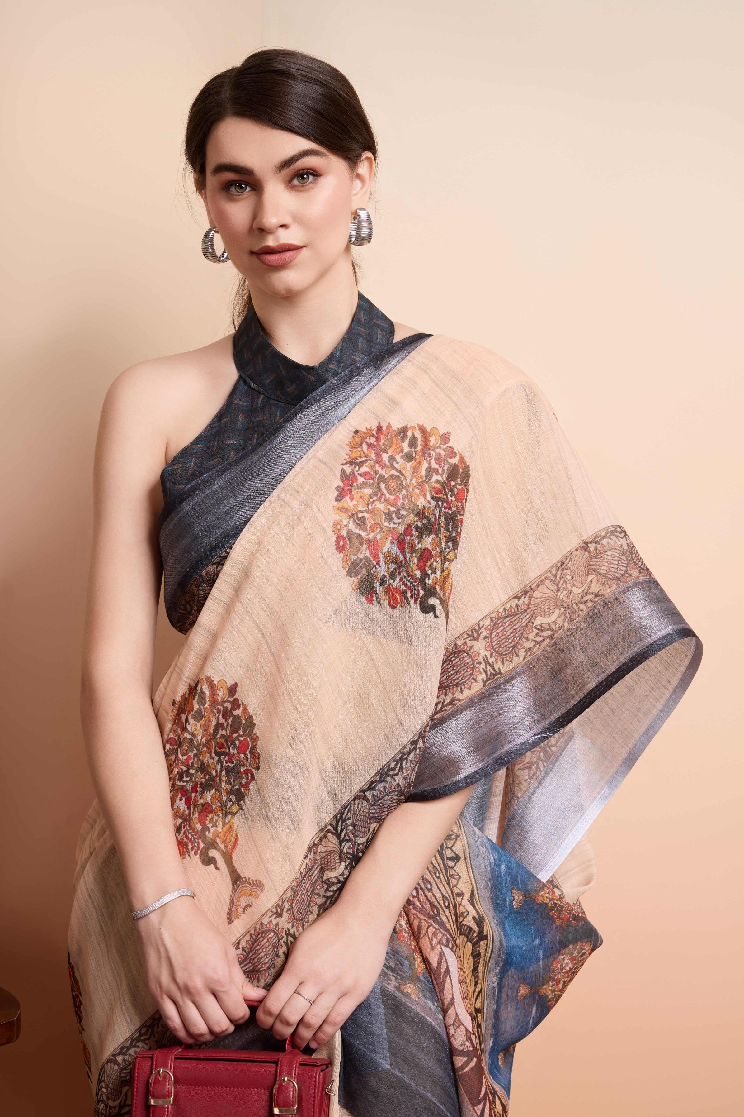 RACHNA Ajrak Block Zari Ready to Wear  Saree