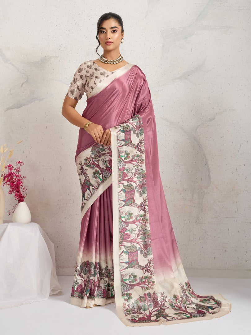 Rust Floral Printed Satin Saree with Printed Border