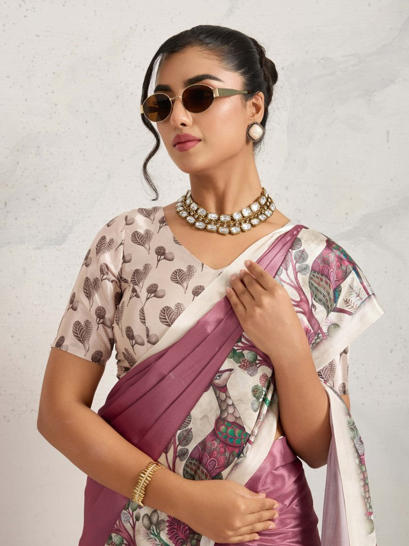 Rust Floral Printed Satin Saree with Printed Border