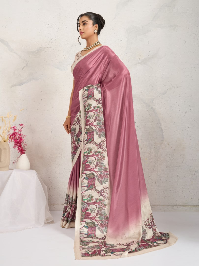 Rust Floral Printed Satin Saree with Printed Border