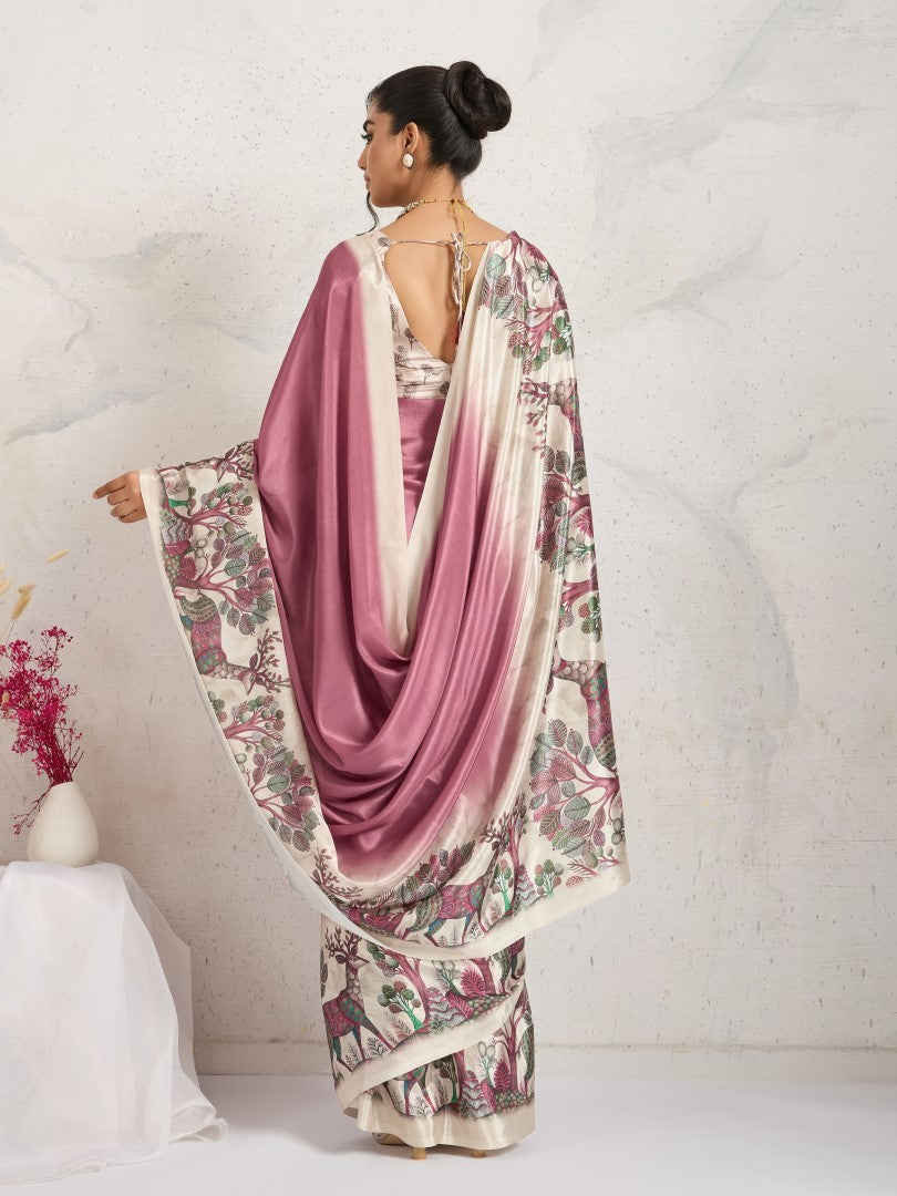 Rust Floral Printed Satin Saree with Printed Border