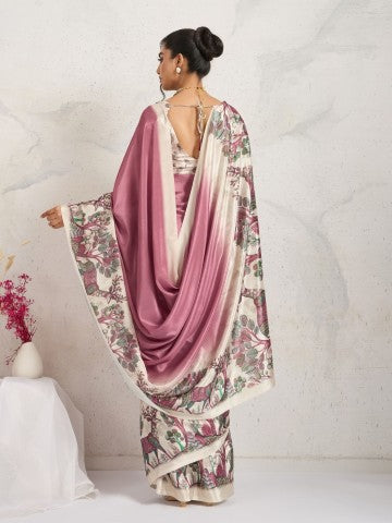 Pink Floral Printed Satin Ready to Wear Saree