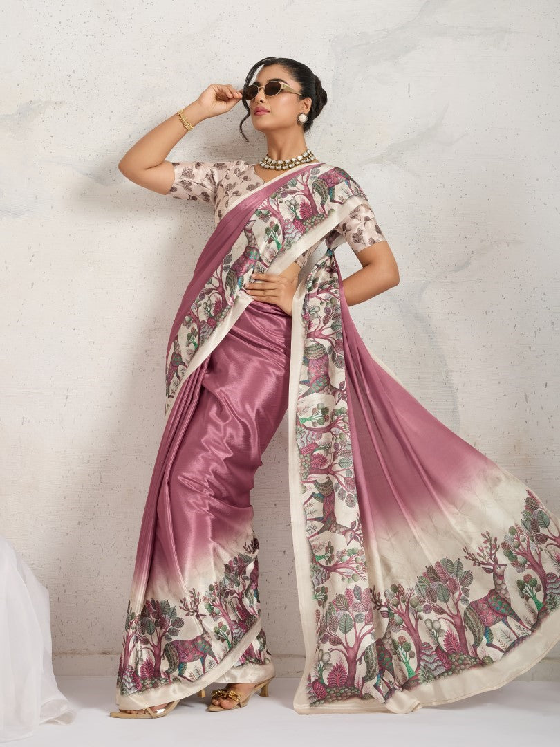 Rust Floral Printed Satin Saree with Printed Border