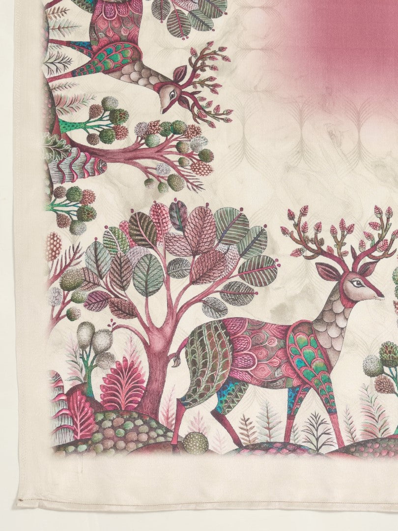 Rust Floral Printed Satin Saree with Printed Border