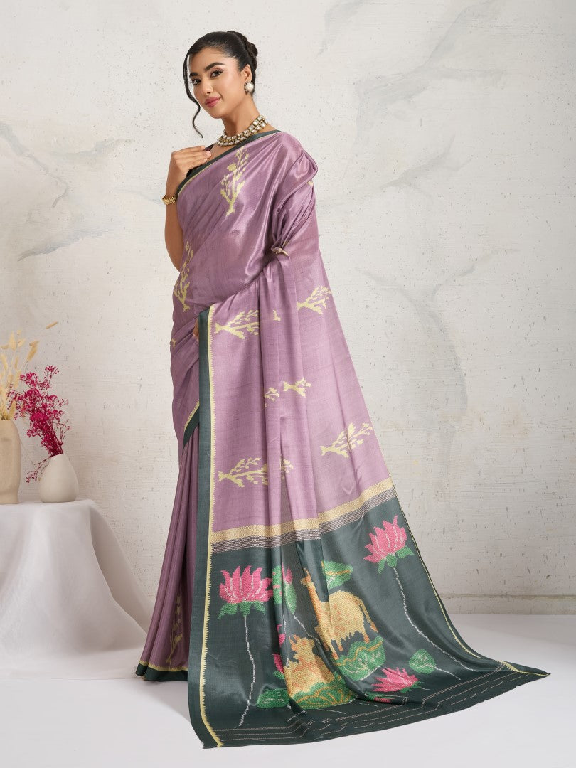 Pink Ethnic Motifs Printed Satin Saree with Woven Design Border