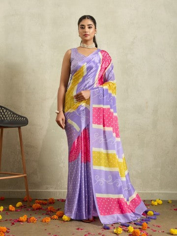 Amazing Purple Bandhani Satin Ready to Wear Saree