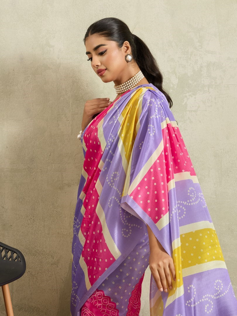 Multi Bandhani Printed Satin Party Wear Saree