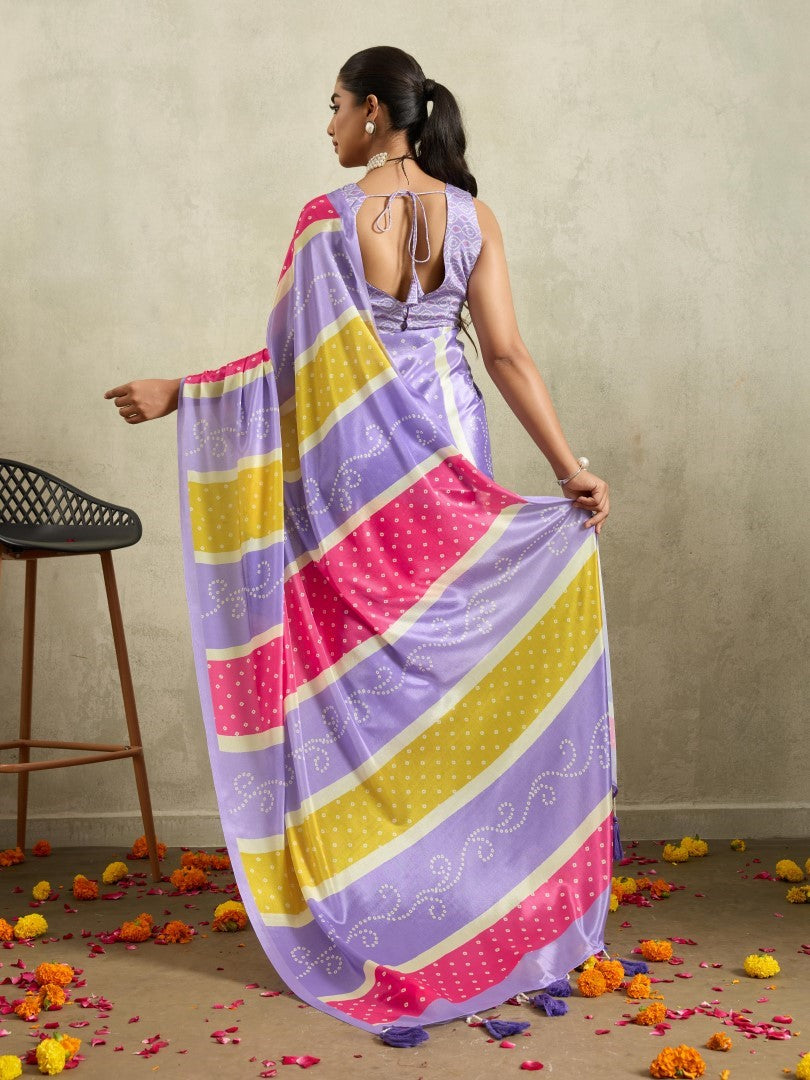 Multi Bandhani Printed Satin Party Wear Saree