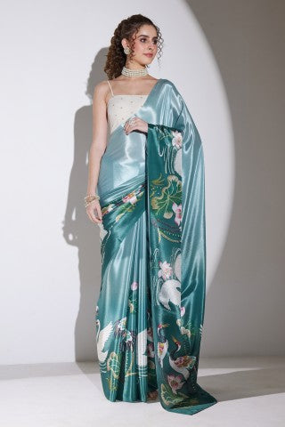 Teal Floral Printed Satin Party Wear Saree