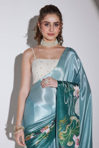 Teal Floral Printed Satin Party Wear Saree