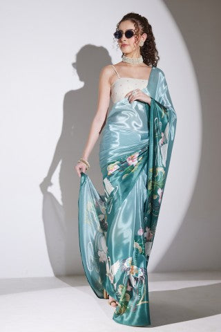Teal Floral Printed Satin Party Wear Saree