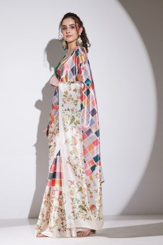 Multicoloured Checked Printed Satin Party Wear Saree