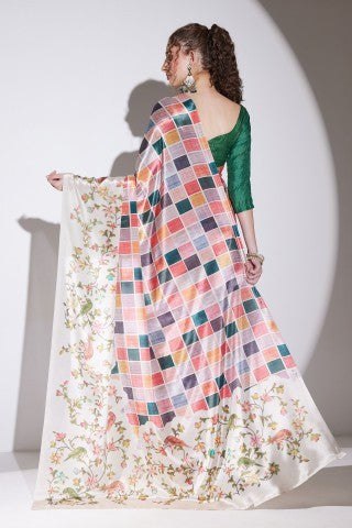 Multicoloured Checked Printed Satin Party Wear Saree