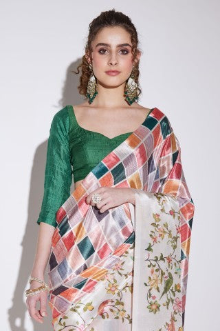 Multicoloured Checked Printed Satin Party Wear Saree