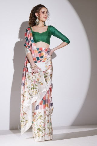Multicoloured Checked Printed Satin Party Wear Saree