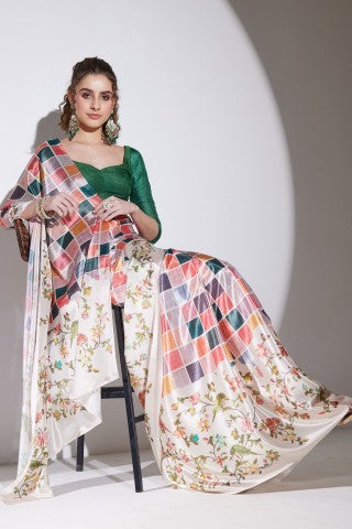 Multicoloured Checked Printed Satin Party Wear Saree