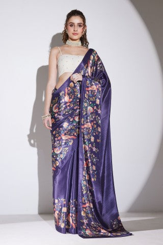 Purple Floral Printed Satin Party Wear Saree