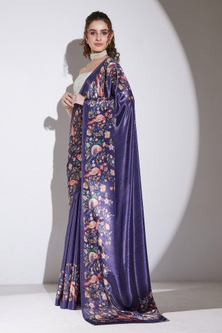 Purple Floral Printed Satin Party Wear Saree