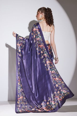 Purple Floral Printed Satin Party Wear Saree