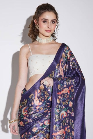 Purple Floral Printed Satin Party Wear Saree