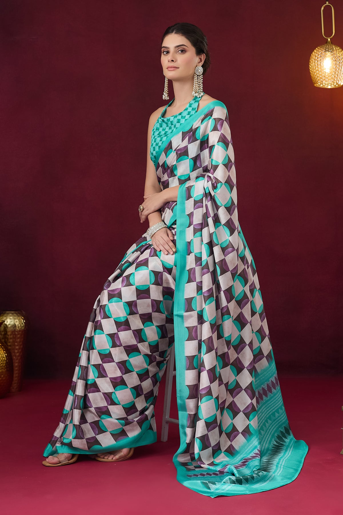 Sky Blue Checked Printed Satin Party Wear Saree
