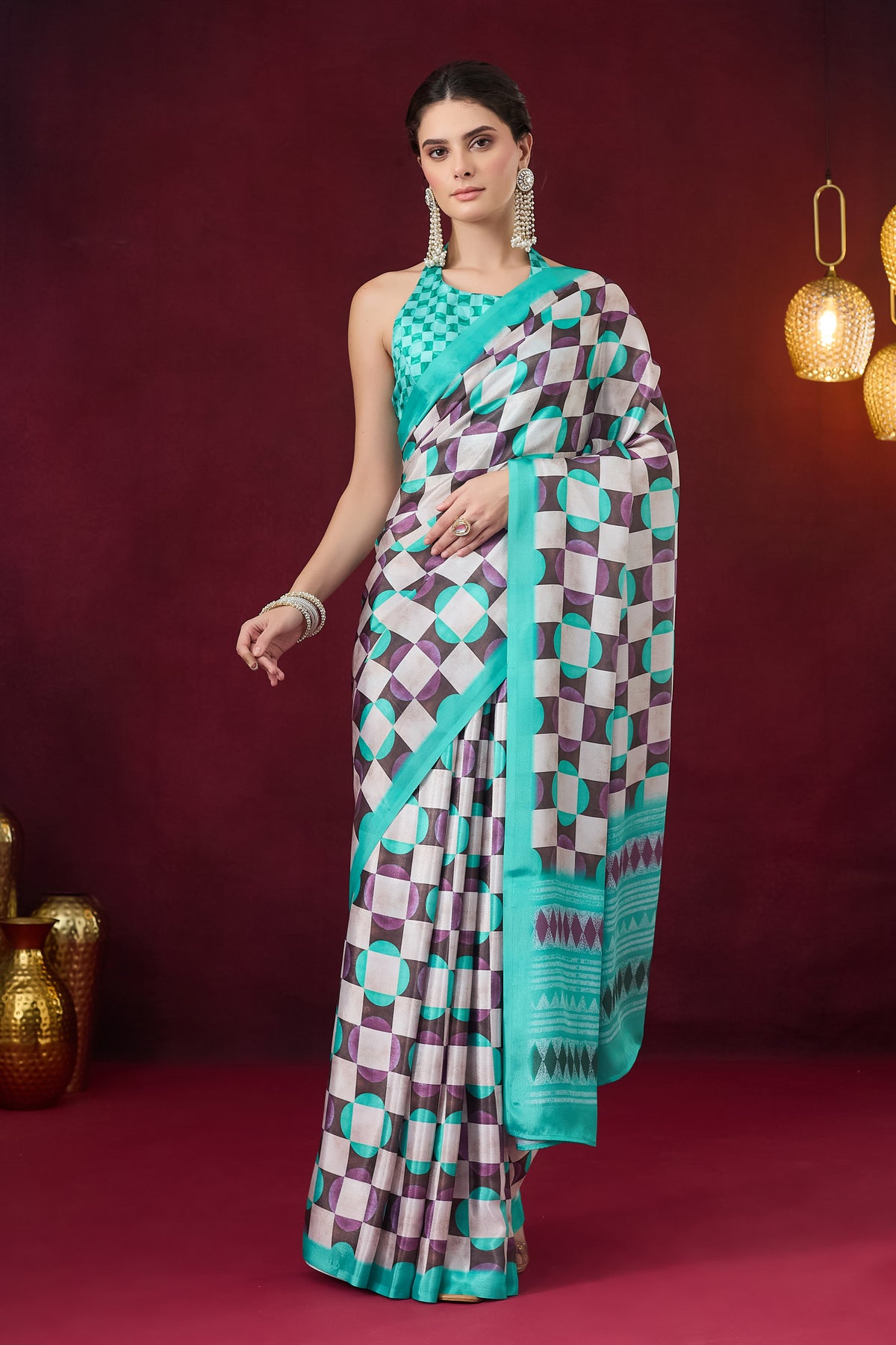 Sky Blue Checked Printed Satin Party Wear Saree