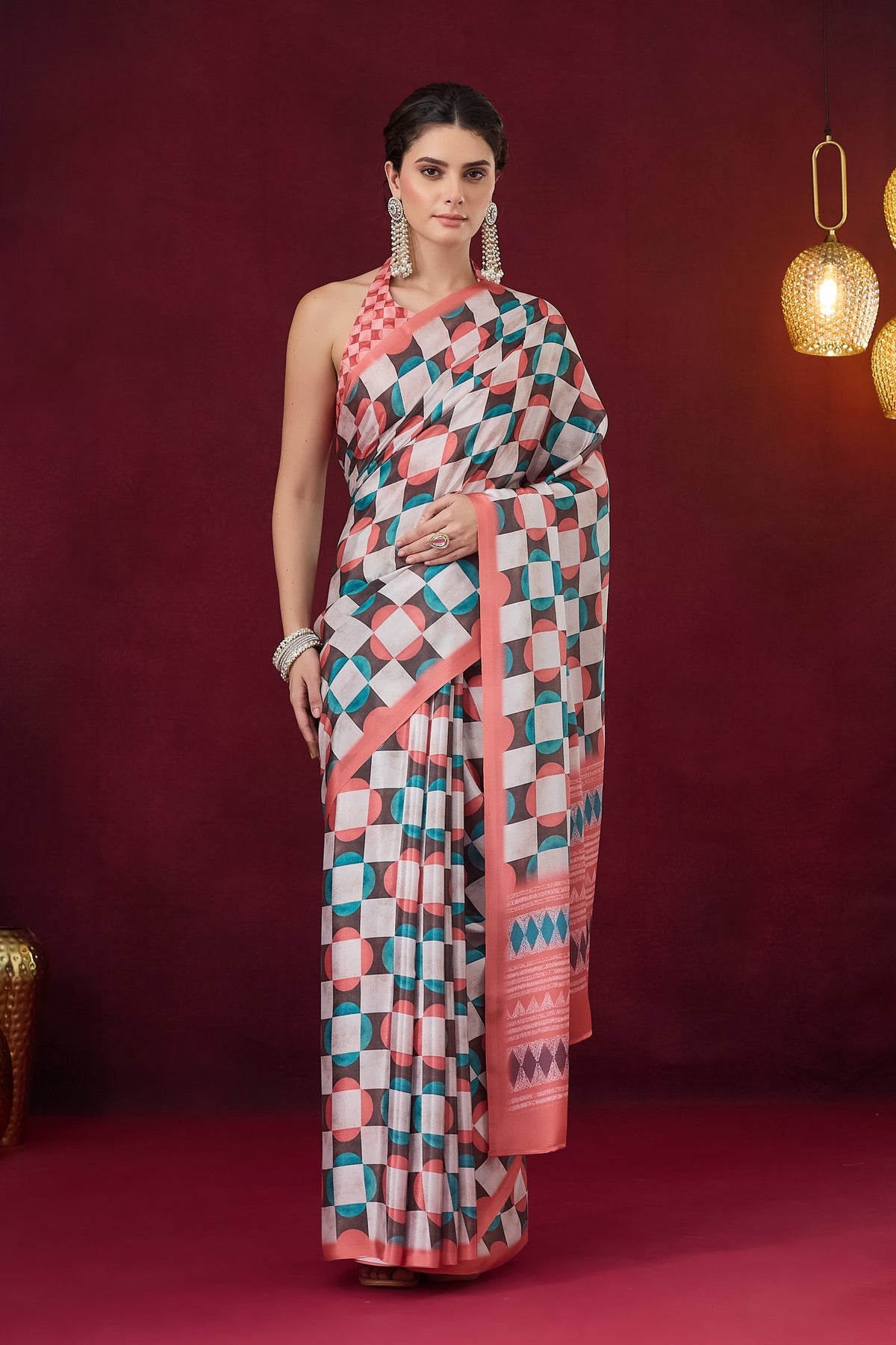 Multicoloured and Orange Checked Printed Satin Designer Saree