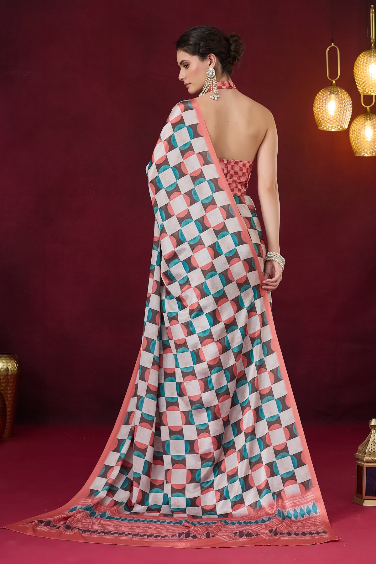 Multicoloured and Orange Checked Printed Satin Designer Saree