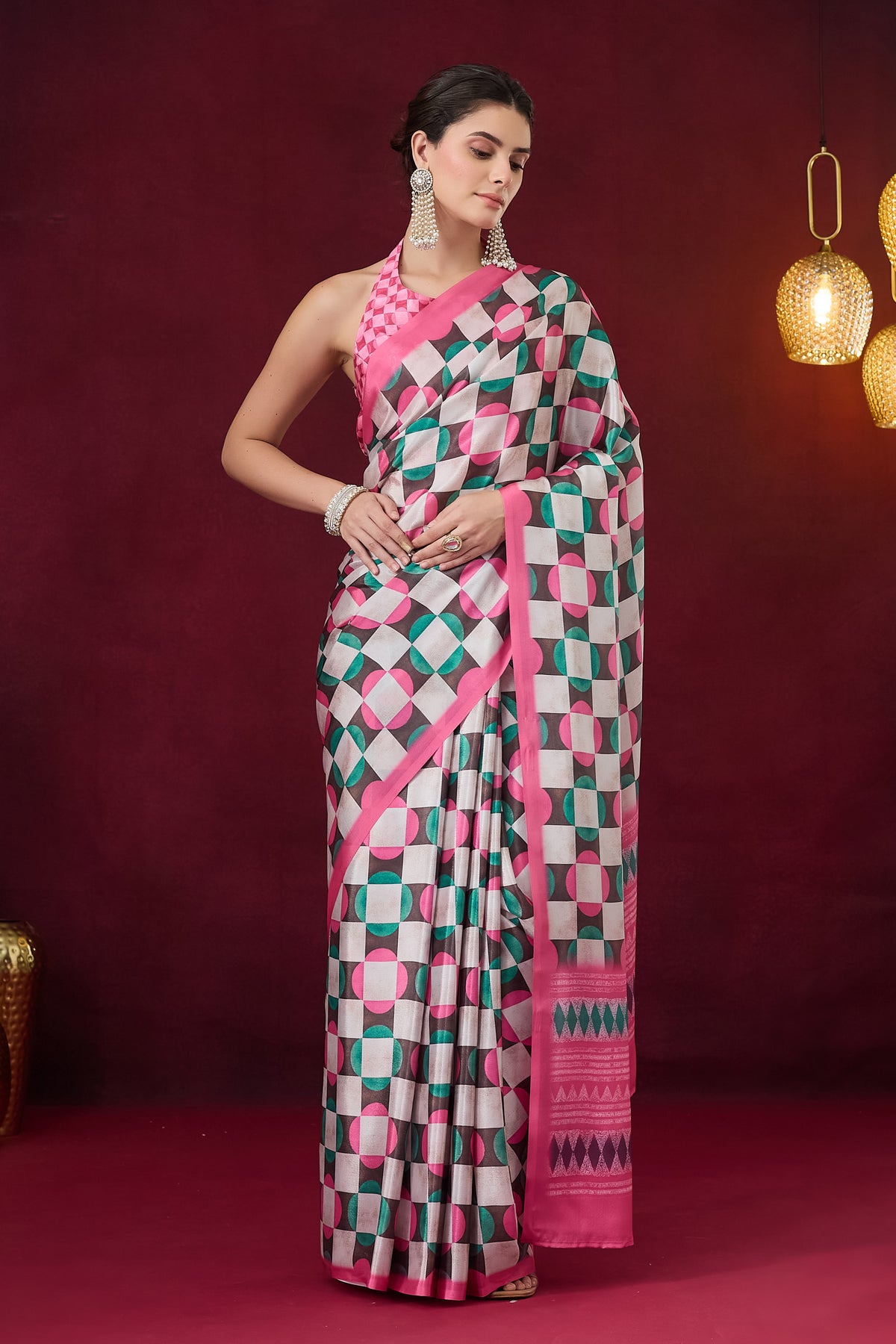 Pink Checked Printed Satin Designer Saree