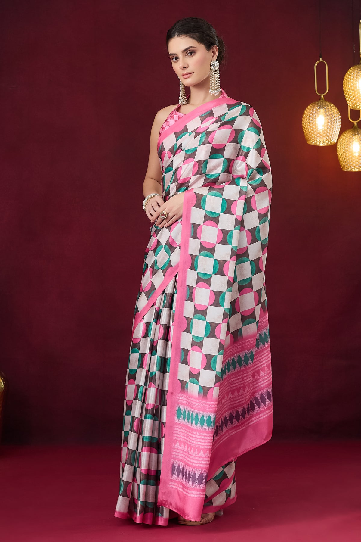 Pink Checked Printed Satin Designer Saree