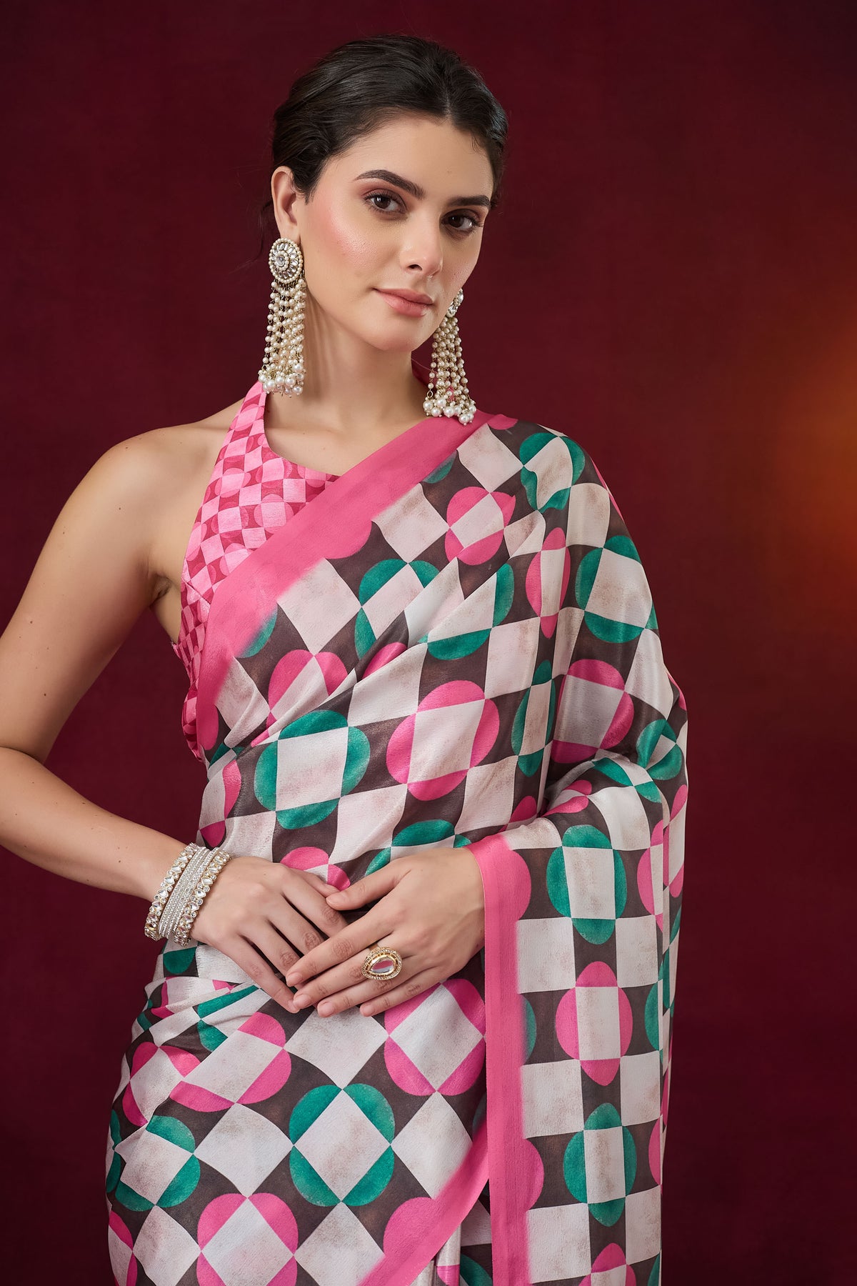 Pink Checked Printed Satin Designer Saree