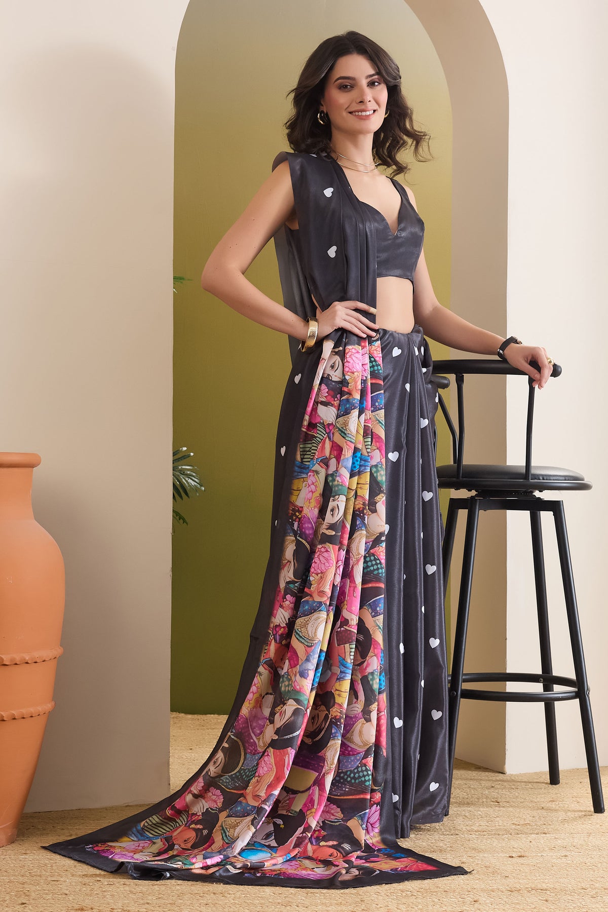 Black Ethnic Motifs Printed Satin Designer Saree