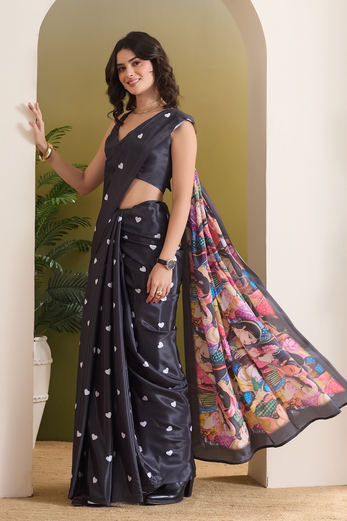 Black Ethnic Motifs Printed Satin Designer Saree