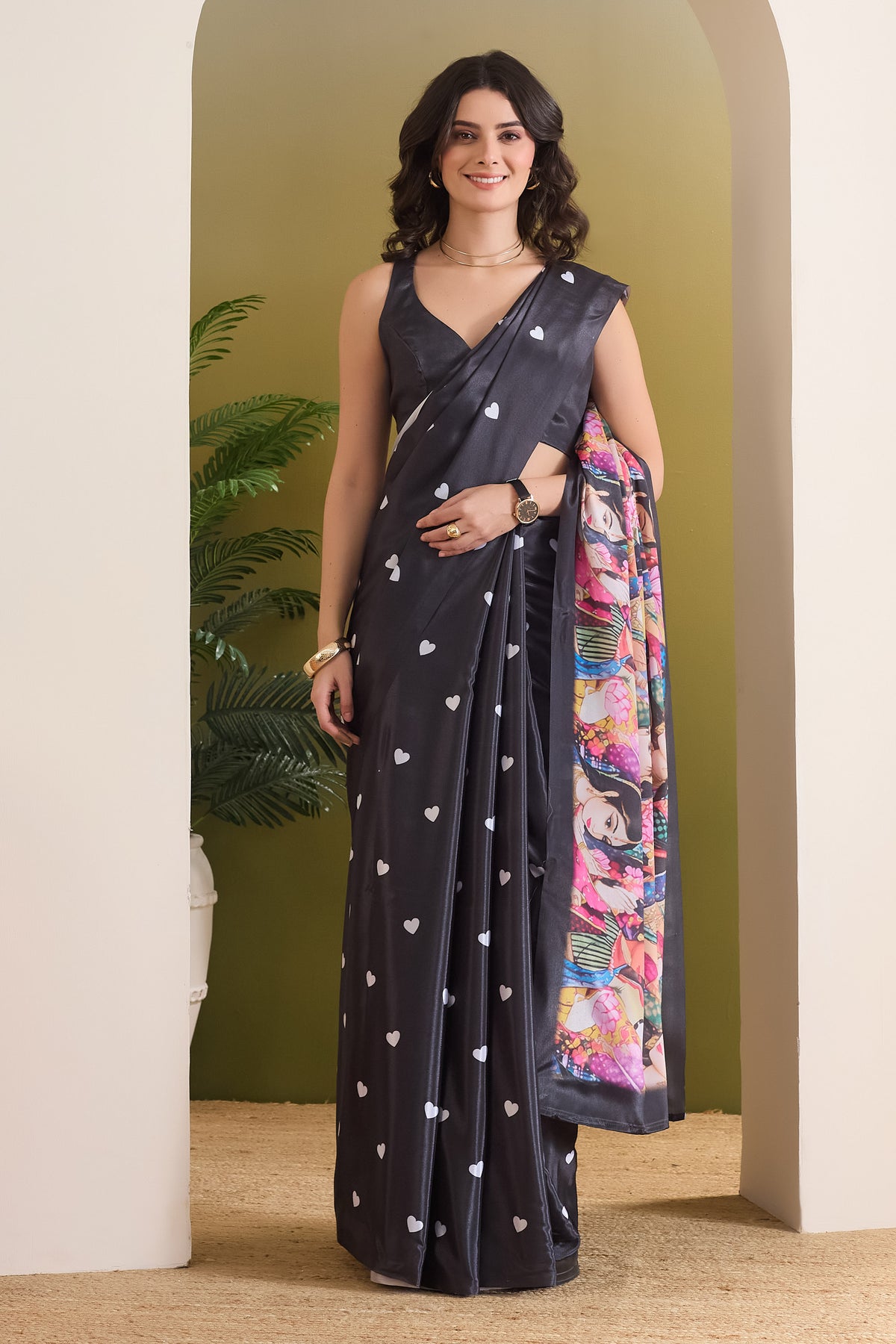 Black Ethnic Motifs Printed Satin Designer Saree