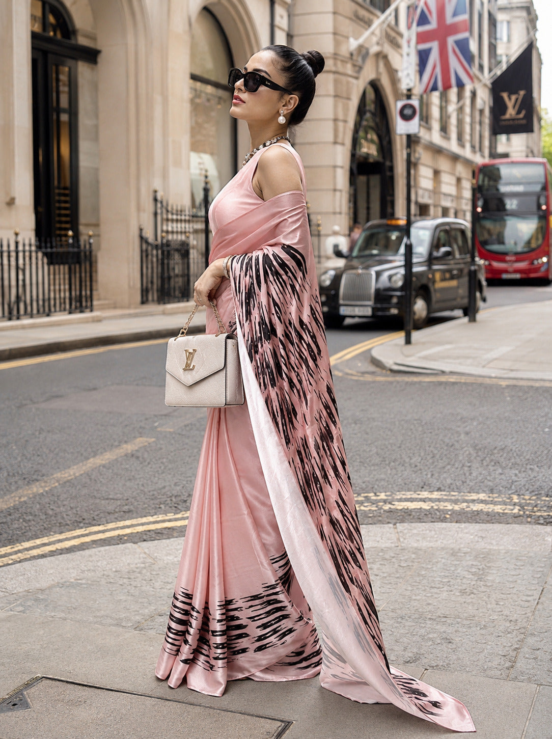 Pink Color Striped Satin Party Wear Saree