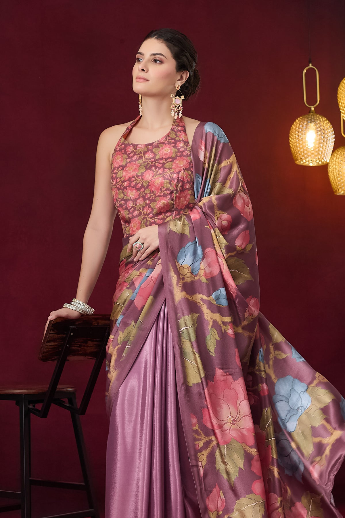 Pink Floral Printed Satin Party Wear Saree