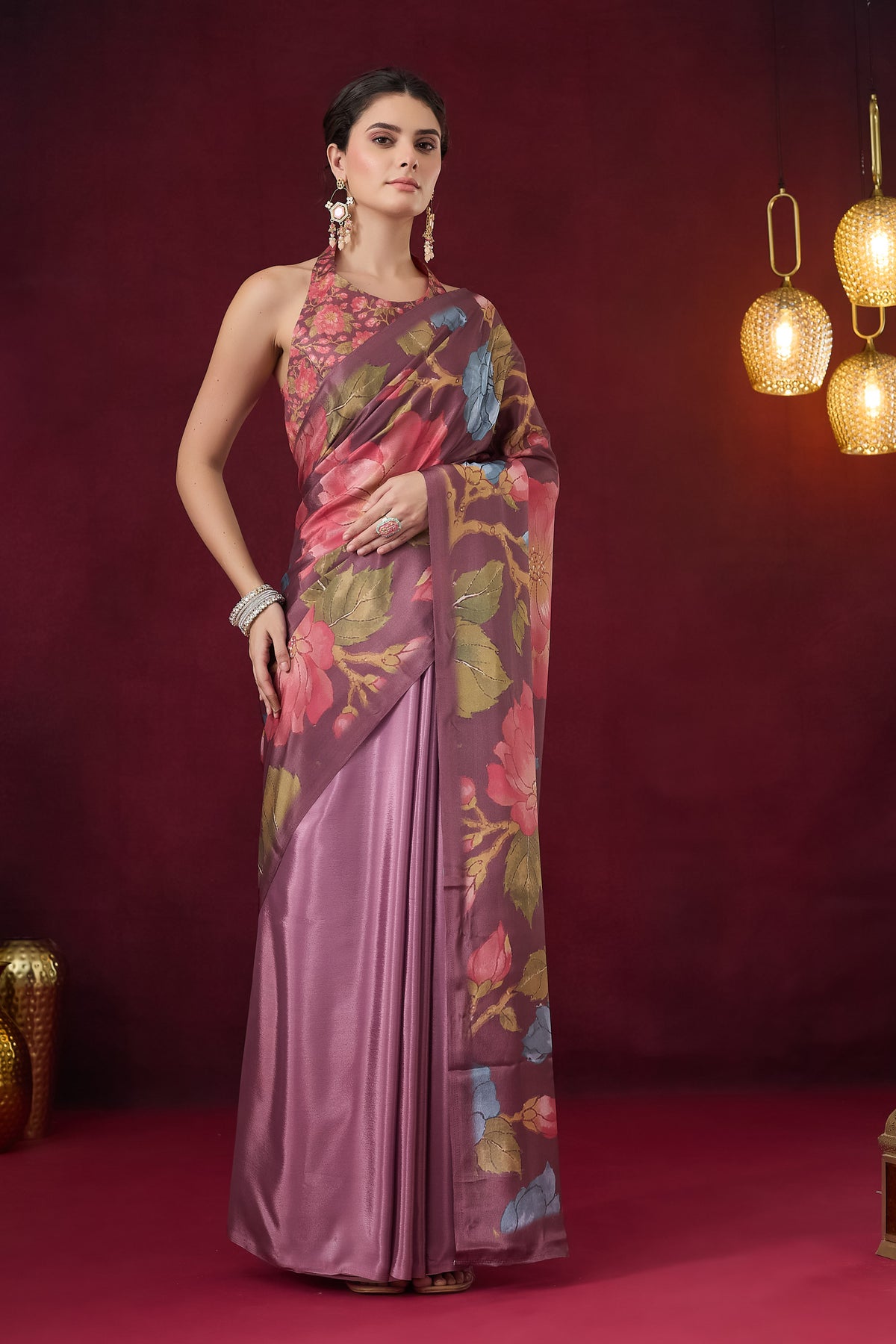 Pink Floral Printed Satin Party Wear Saree