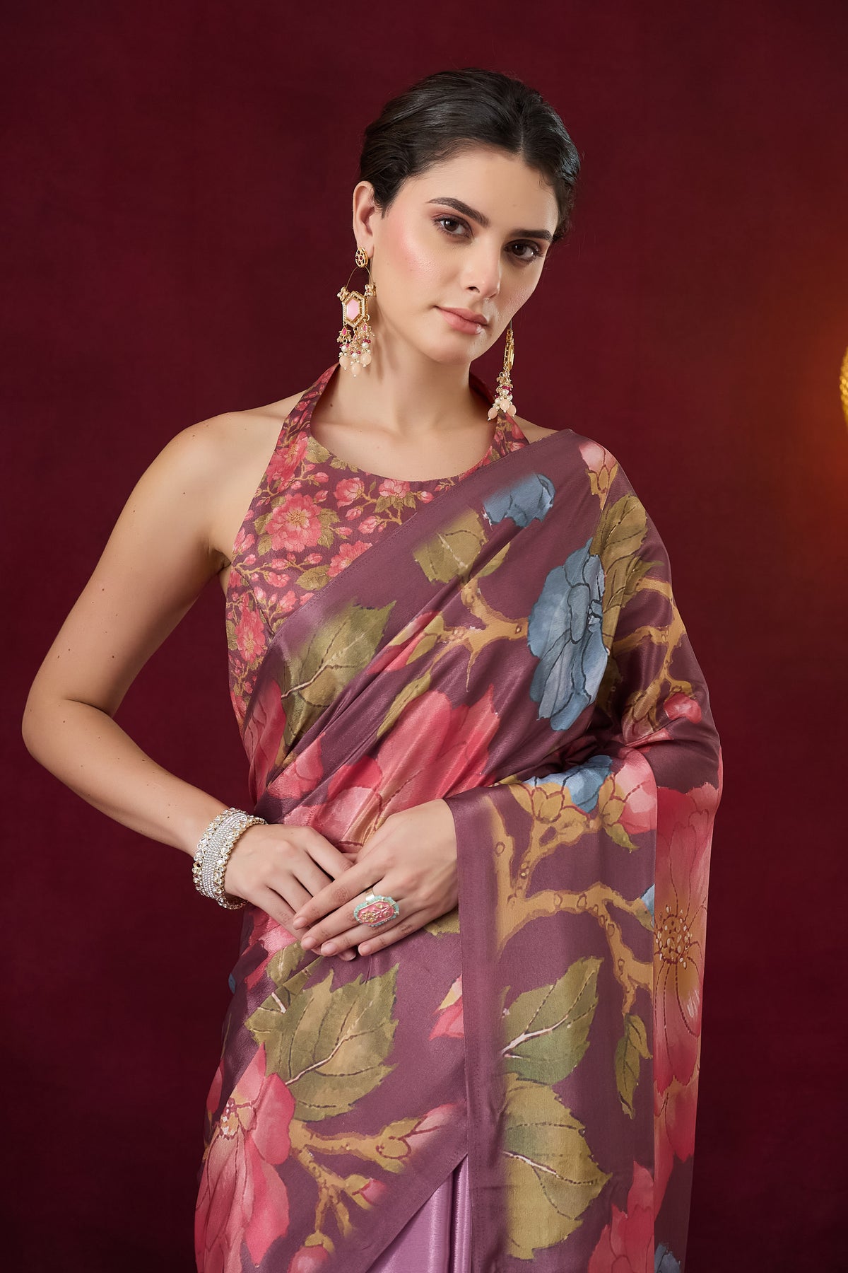 Pink Floral Printed Satin Party Wear Saree
