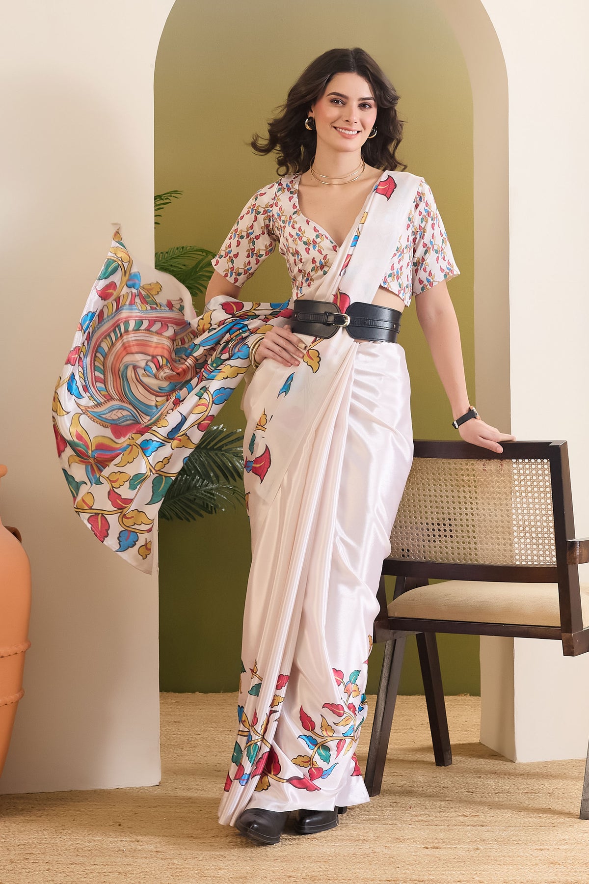 White Color Abstract Printed Satin Party Wear Saree