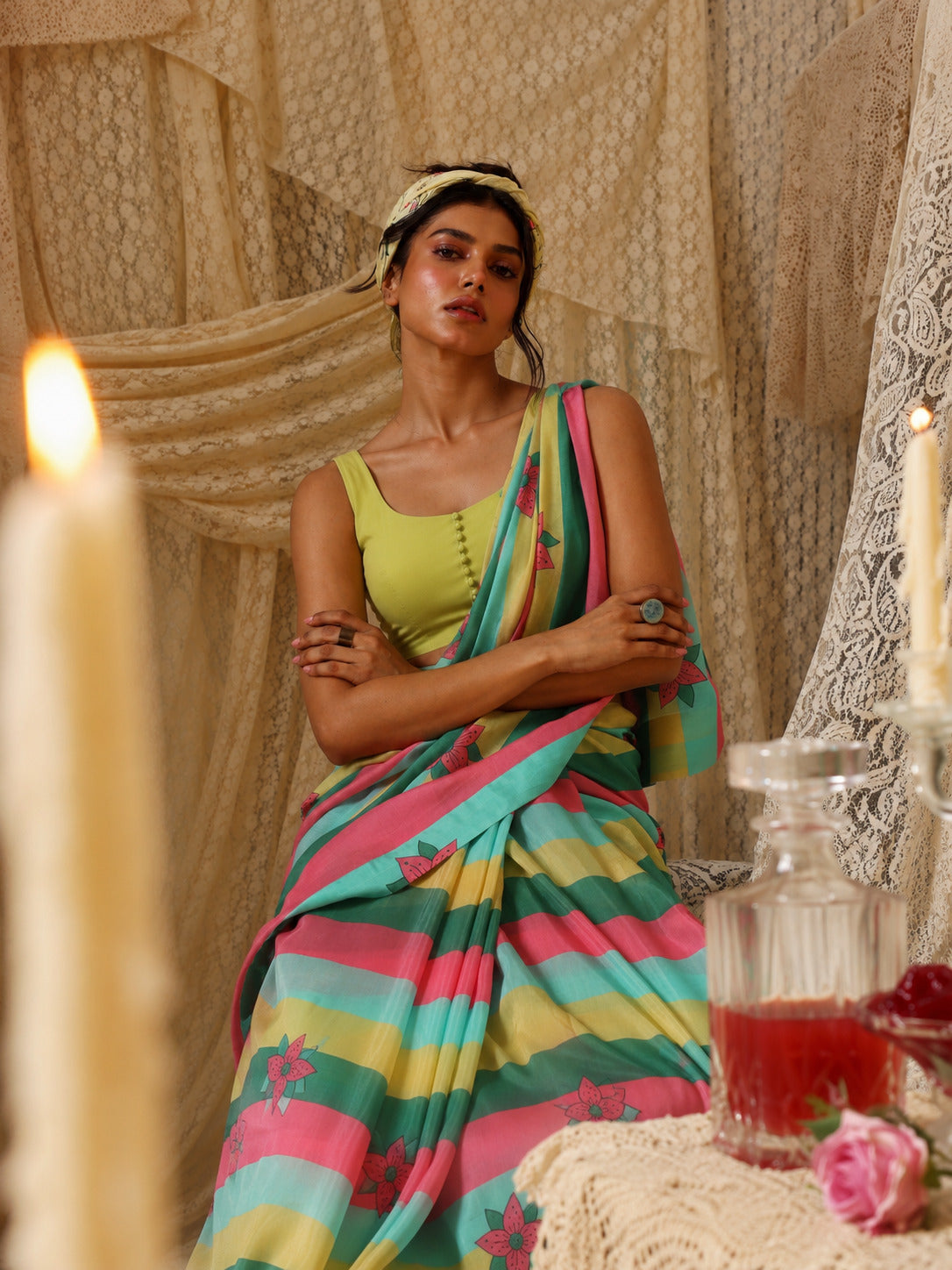 Multicoloured Striped Satin Designer Saree
