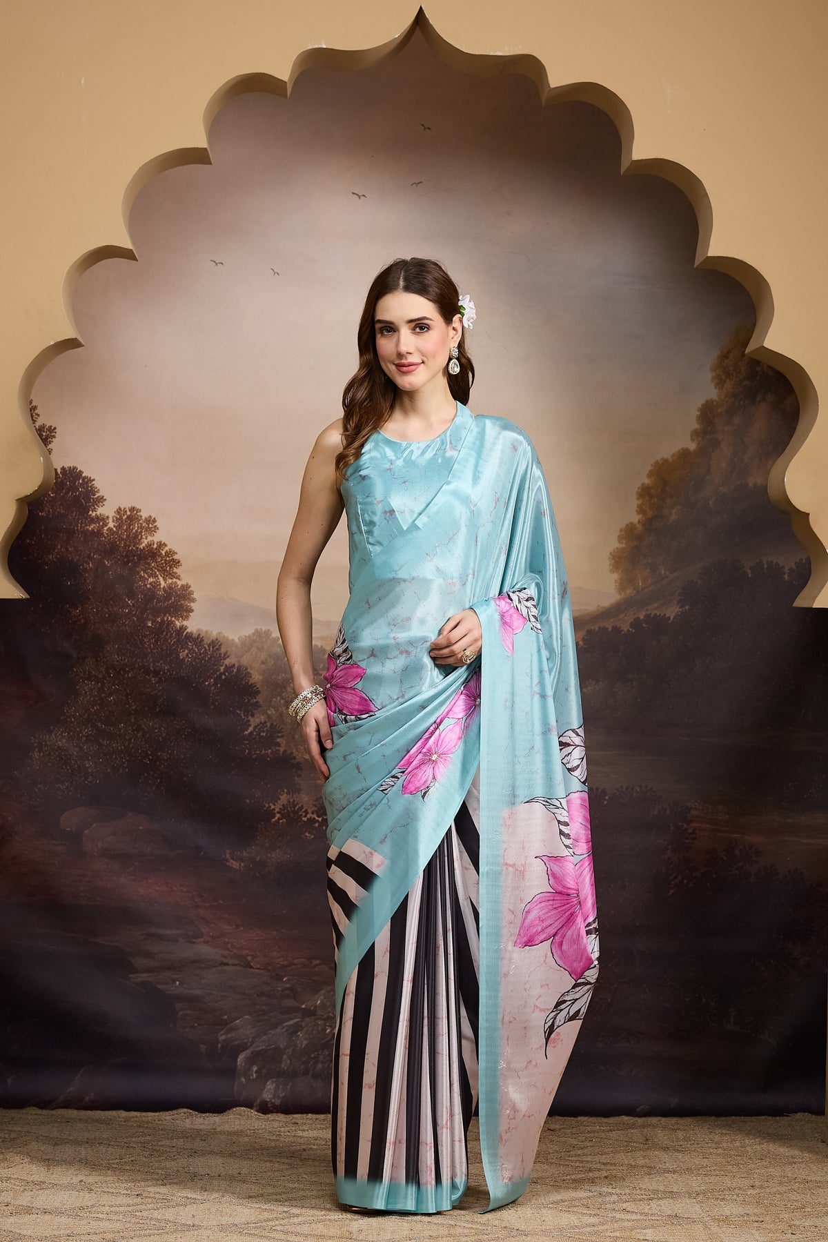 Sky Blue Floral Printed Satin Designer Saree